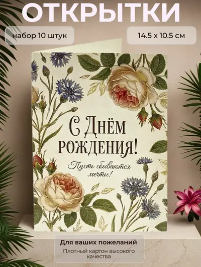 Открытка с Днём Рождения "Пусть сбываются мечты", набор 10 шт., 10,5 х 14,5 см.